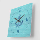 Hellblaues Holz und marineblau-nautischer Anker Quadratische Wanduhr (Winkel)