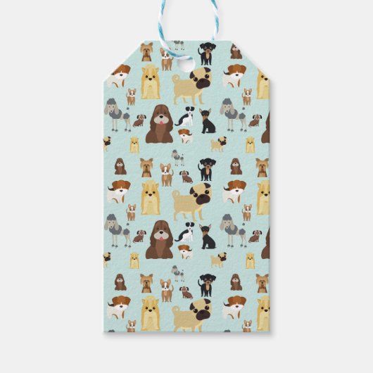 hellblaues Hundemuster. Geschenkanhänger (Vorderseite)