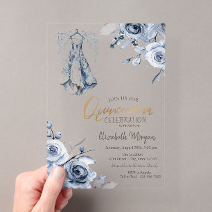 Hellblaues Kleid Blaue Rosen Quinceañera Acryleinladungen