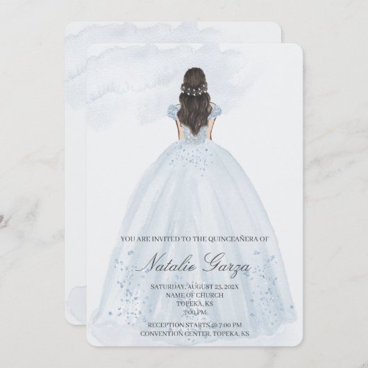 Hellblaues Kleid quinceañera einladen Einladung (Vorne/Hinten)