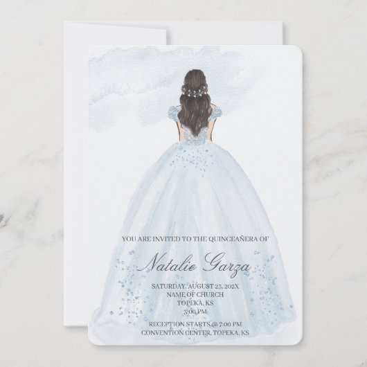Hellblaues Kleid quinceañera einladen Einladung (Vorderseite)