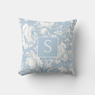 Hellblaues Monogramm-Blumen-Chinoiserie Kissen