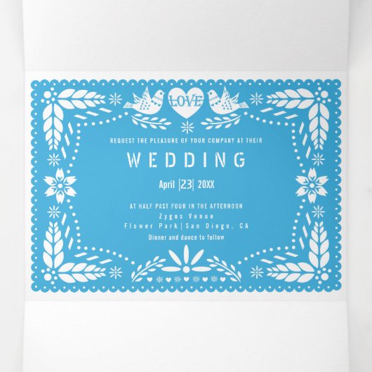 Hellblaues Papel Picado Liebesvögel Hochzeit Dreifach Gefaltete Einladung (Innenseite Mitte)