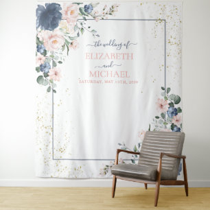 Hellblaues Rosa Gold Florales Hochzeitsmotiv Wandteppich