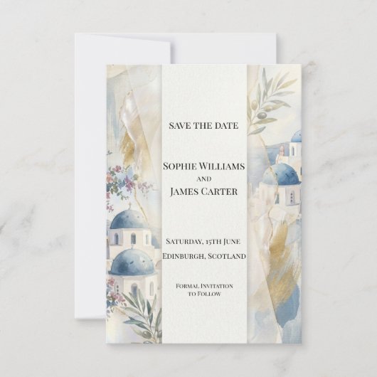 Hellblaues Santorin Save-the-Date-Karte Save The Date (Vorderseite)
