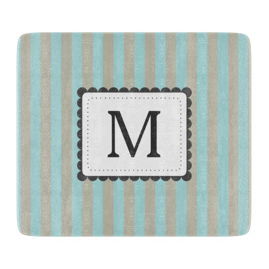 Hellblaues u. beige Streifen-Gewohnheits-Monogramm Schneidebrett (Vorderseite)