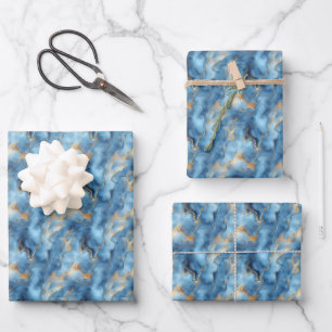 Hellblaues und goldenes Marmormuster Geschenkpapier Set