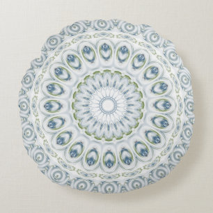 Hellblaues und grünes Medaillon-Design Rundes Kissen