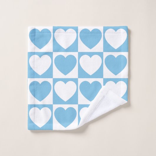Hellblaues und weißes eckiges Muster mit Herz Badhandtuch Set (Waschlappen)