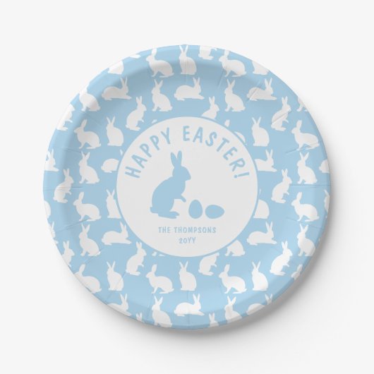 Hellblaues und weißes Hasenmuster Frohe Ostern Pappteller (Vorderseite)