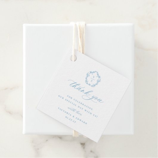Hellblaues Wappen-Monogramm Hochzeit Danke Geschenkanhänger (Beispiel)