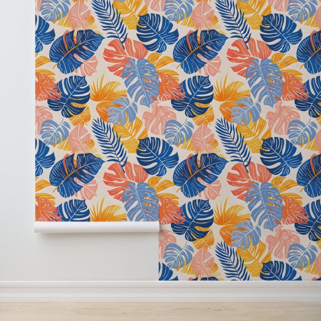 Hellblaugelbe Sommer tropische Palmen Blätter Tapete (Anwendung)