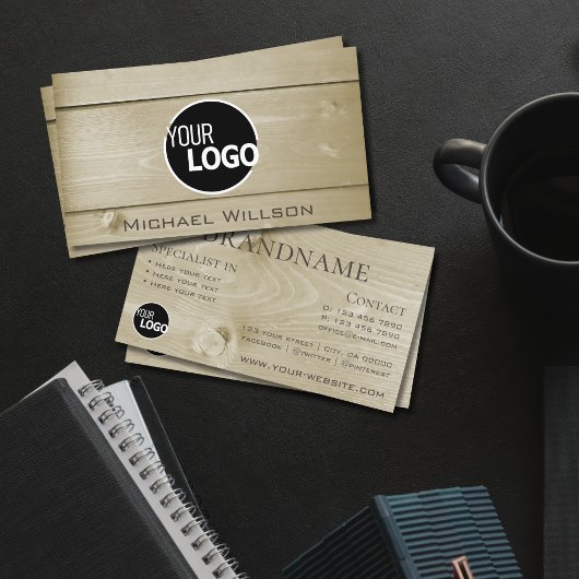 Hellbraune Holzplatten Holzkörbe hinzufügen Logo Visitenkarte