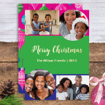 Helle 4 Fotos Collage Mercury Custom Folien Feiertagskarte<br><div class="desc">Erstellen Sie Ihre eigene helle und farbenfrohe Weihnachtskarte mit diesem lustigen und modernen Template. Die Karte zeigt vier Ihrer Lieblingsfarben auf einem Hintergrund aus leuchtendem Rosa, Grün und Blau. Der Gruß "Frohe Weihnachten" ist in der Mitte in stilvoller Schrift-Typografie, und die Karte enthält auch Text für Sie, um mit Ihrem...</div>