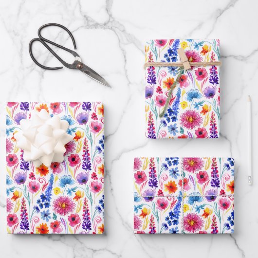 Helle abstrakte Aquarell-Blumen Geschenkpapier Set (Vorderseite)