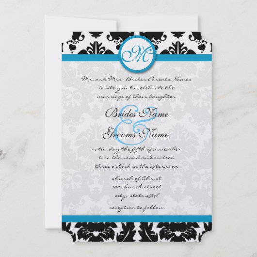 Helle Aqua Damask Herzklopfe Wirbel Hochzeitsfeier Einladung (Rückseite)