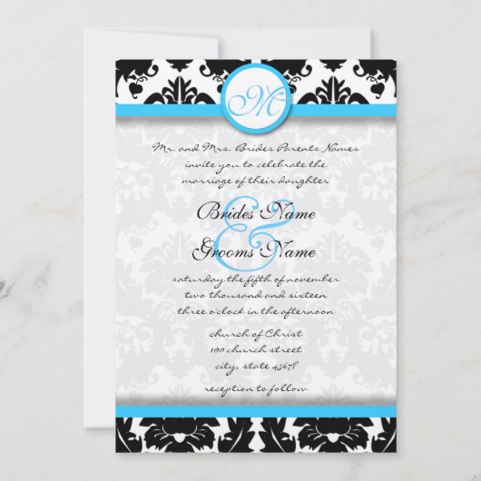 Helle Aqua Damask Herzklopfe Wirbel Hochzeitsfeier Einladung (Rückseite)