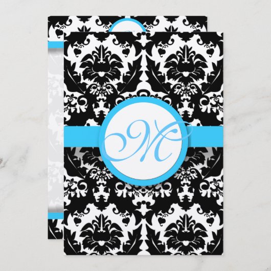 Helle Aqua Damask Herzklopfe Wirbel Hochzeitsfeier Einladung (Vorne/Hinten)