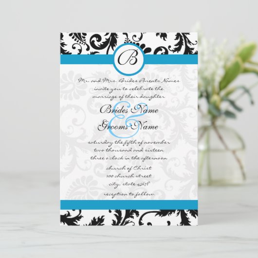 Helle Aqua Damask Wirbel Hochzeit Einladung 5 x 7 (Stehend Vorderseite)