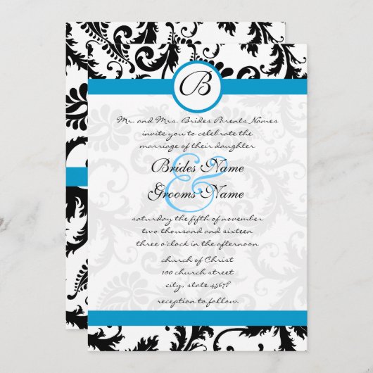 Helle Aqua Damask Wirbel Hochzeit Einladung 5 x 7 (Vorne/Hinten)