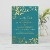 Helle Aquamarin Gold Blüh Foto Hochzeit Save The Date (Stehend Vorderseite)