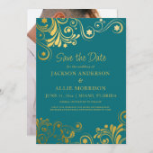 Helle Aquamarin Gold Blüh Foto Hochzeit Save The Date (Vorne/Hinten)