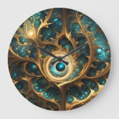 Helle Aquamarine und goldene Fraktal Abstrakte Kun Große Wanduhr (Vorderseite)