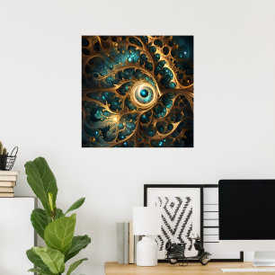 Helle Aquamarine und goldene Fraktal Abstrakte Kun Poster