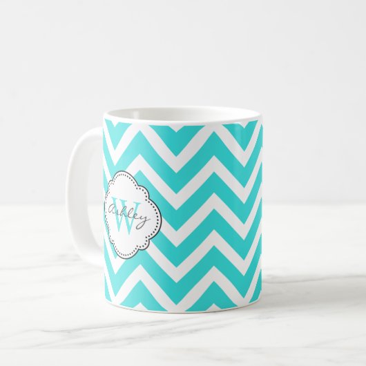 Helle Aquamarine Zickzack Streifen mit Monogramm Kaffeetasse (Vorderseite Links)