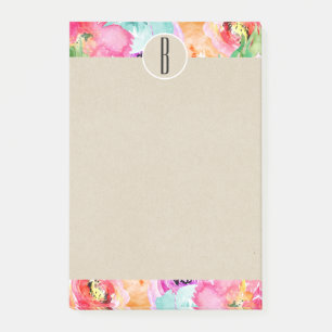 Helle Aquarellblumen Kraft Monogramm Anfangsbuchst Post-it Klebezettel