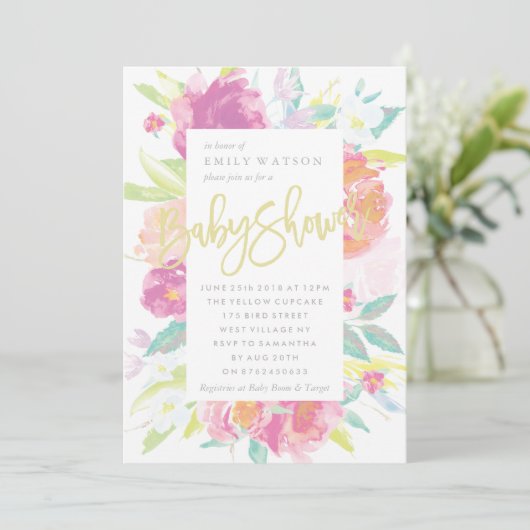 Helle Baby Dusche Einladung Blumenwasser Farbe (Stehend Vorderseite)