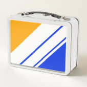 Helle, blaue, gelbe, weiße Streifen Metall Brotdose (Rückseite)