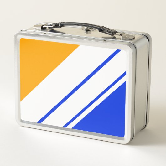 Helle, blaue, gelbe, weiße Streifen Metall Brotdose (Rückseite)