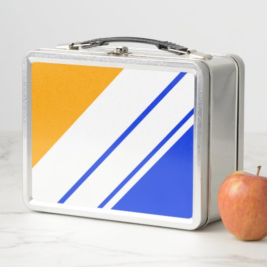 Helle, blaue, gelbe, weiße Streifen Metall Brotdose (Beispiel)