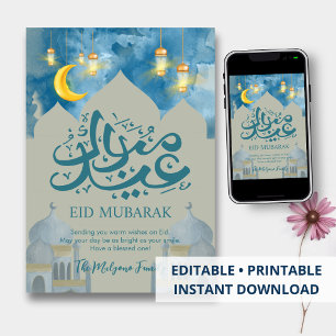 Helle Blaue Himmel & Goldener Halbmond Eid Mubarak Feiertagskarte