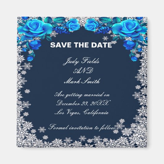 Helle blaue Rose Schneeflocken Save the Date Weihn Magnet (Vorne)