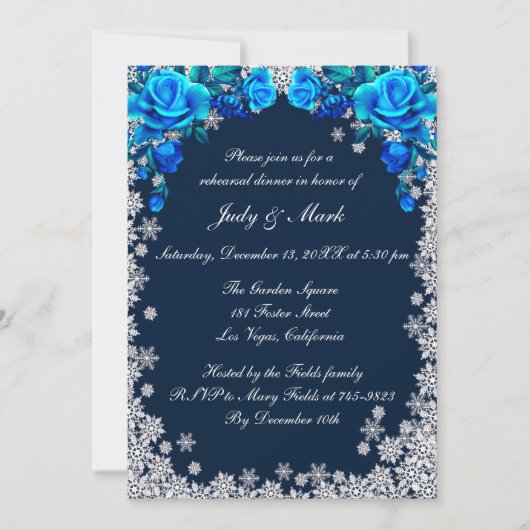 Helle blaue Rose Snowflake Probe Abendessen Einladung (Vorderseite)
