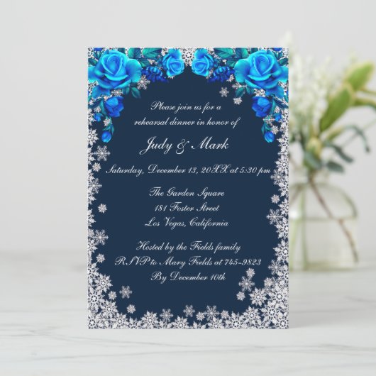 Helle blaue Rose Snowflake Probe Abendessen Einladung (Stehend Vorderseite)
