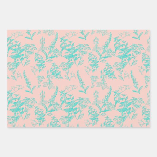 Helle Blu & Peach Wildblume Untere Linie Art Geschenkpapier Set (Vorderseite)