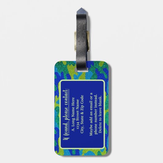 Helle Blue & Green Camouflage Glitzer Camouflage N Gepäckanhänger (Rückseite vertikal)