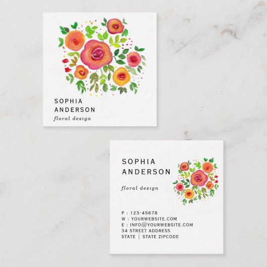 Helle Blume Blumenstrauß, Aquarellmalerei Quadratische Visitenkarte (Vorne/Hinten)