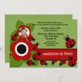 Helle Blume & Ladybug Foto Geburtstag Einladung (Vorne/Hinten)