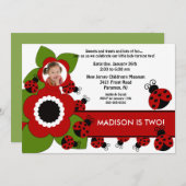 Helle Blume & Ladybug Foto Geburtstag Einladung (Vorne/Hinten)