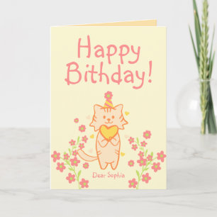 Helle Blume&Süße Katze mit Hut&Herz Geburtstag  Karte
