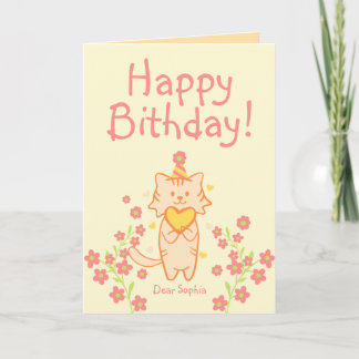 Helle Blume&Süße Katze mit Hut&Herz Geburtstag Karte