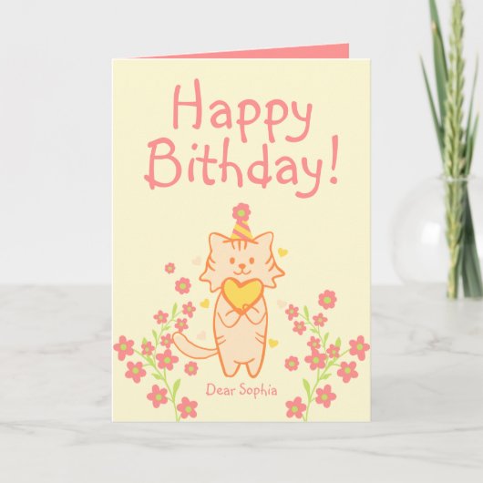 Helle Blume und Niedliche Katze mit Hut und Herz G Karte (Vorderseite)