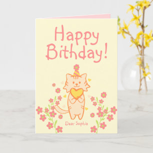 Helle Blume und Niedliche Katze mit Hut und Herz G Karte