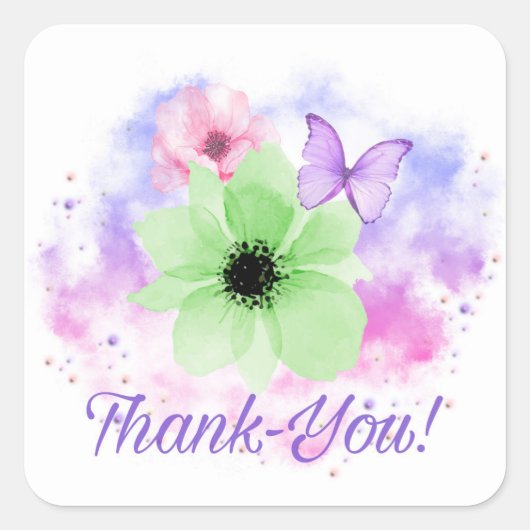 Helle Blume und Schmetterling, Aquarellbilder Quadratischer Aufkleber (Vorderseite)