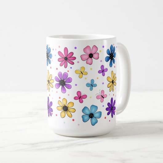 Helle Blume und Schmetterlinge Kaffeetasse (VorderseiteRechts)