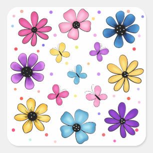 Helle Blume und Schmetterlinge Quadratischer Aufkleber